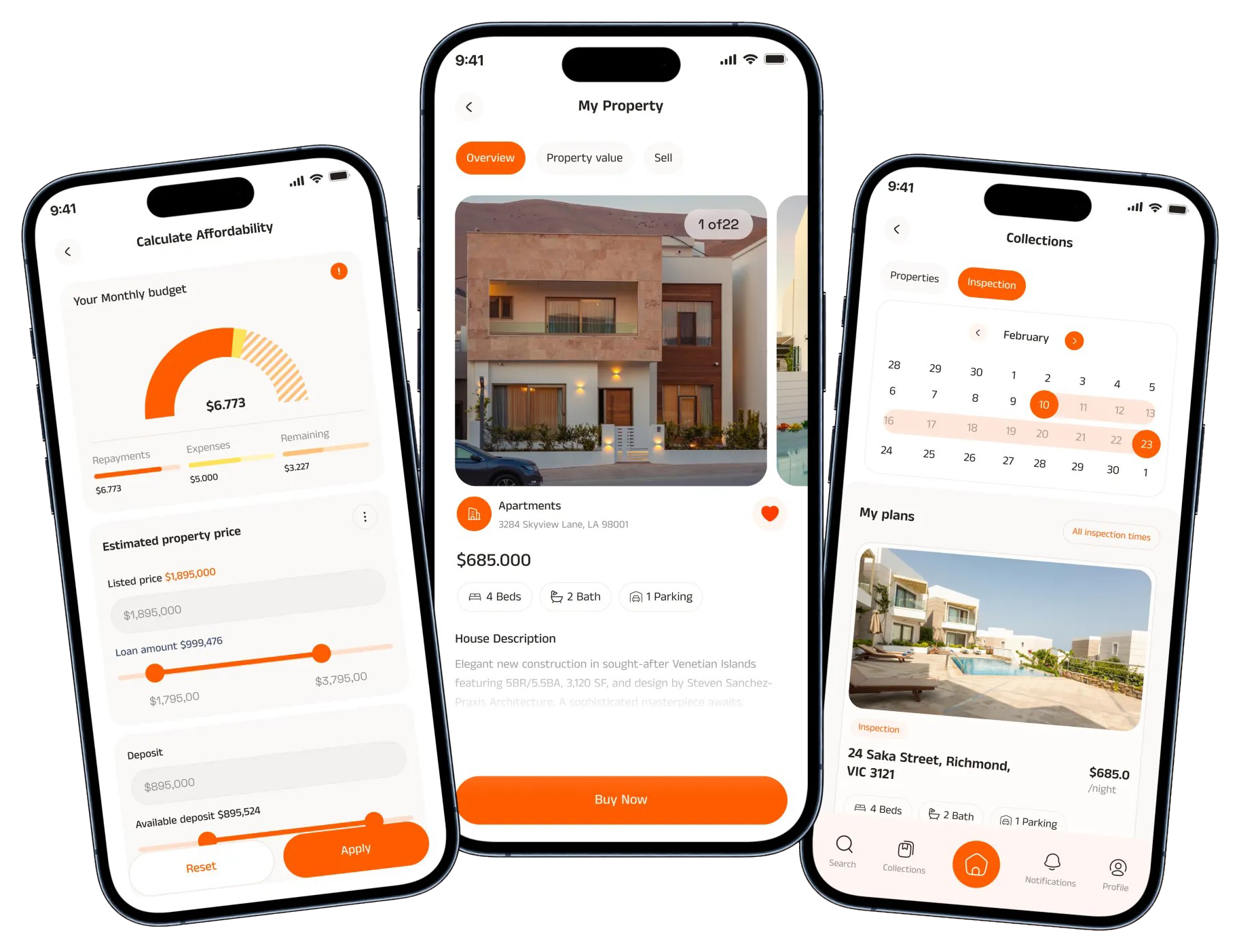 Real estate mobile app services interface for property listings and management